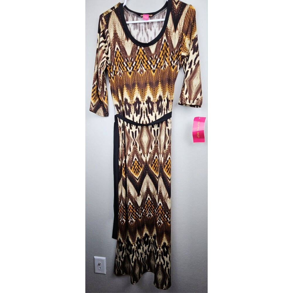 Nwt Sunny Leigh Women's Size Medium 3/4 Sleeve Maxi Dress With Belt Brown